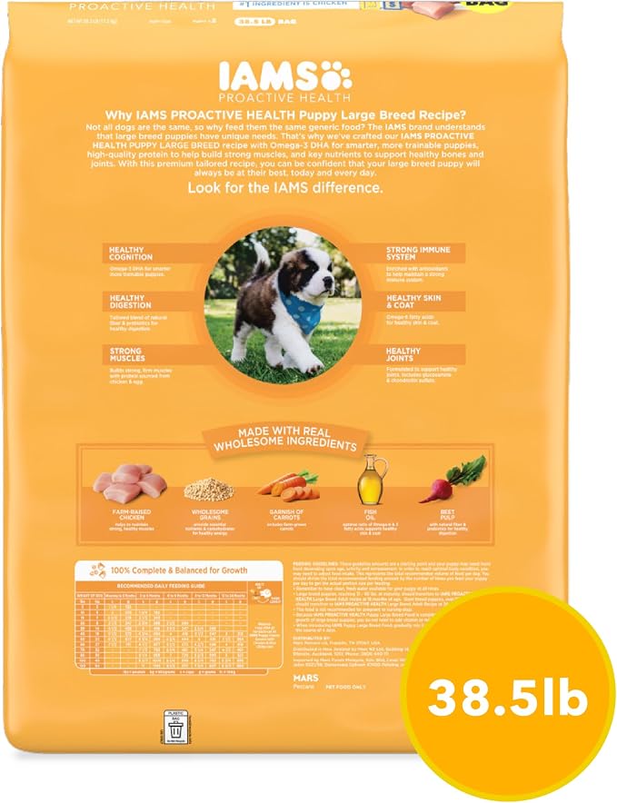 IAMS Proactive Health Large Breed Puppy Dry Dog Food, Chicken, 38.5 lb | Real chicken #1 ingredient, Omega-3 DHA for cognitive & vision development, optimal calcium for bones & joints, Vitamin E