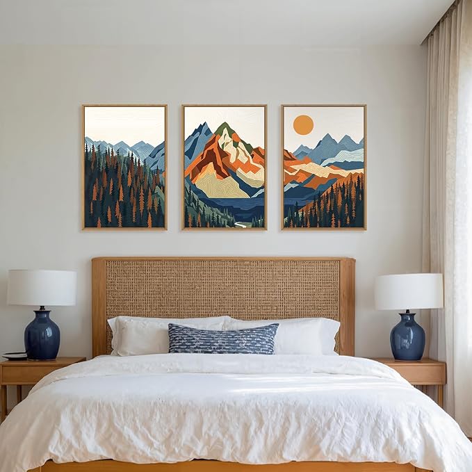 FWIEXA Vintage Mountain Framed Canvas Wall Art Set, Boho Sunrise Wall Prints, Abstract Nature Forest Artwork, Retro Lake Sunset Painting, 3 Panel 24x36 Inches Modern Rustic Decor for Living Room, Bedroom, Office