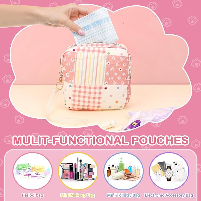 Likesing Quilted Period Bag, Period Pouches for Teen Girls Womens, Portable Floral Print Sanitary Napkin Storage Bag Feminine Emergency Tampon Pad Pouch(Pink Dot Clash)
