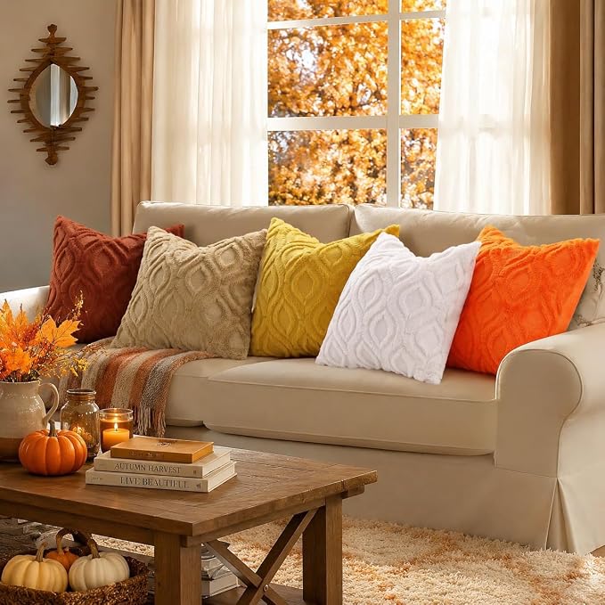 decorUhome Faux Fur Plush Soft Rust Throw Pillow Covers 22x22 Set of 2 | Plush Solid Fall Couch Pillow Covers, Accent Modern Farmhouse Neutral Decorative Square Pillow Cases for Sofa Bed Living Room