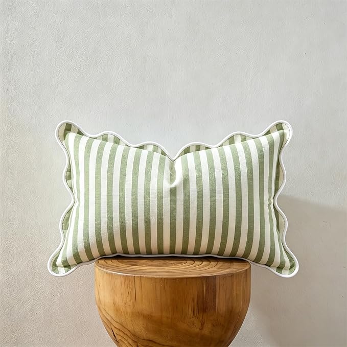 Scalloped Throw Pillow Covers | Decorative Couch Lumbar Pillows | Cute Stripe Pillow Cases | Boho Sytle for Living Room (Green & White, 12x20 Inch)