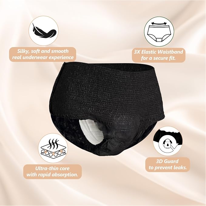 MOLLIS Disposable Period Underwear for Women, Postpartum Panties, Maternity Knickers Heavy Flow Leak Proof, Black, Large/X-Large, 8 Count