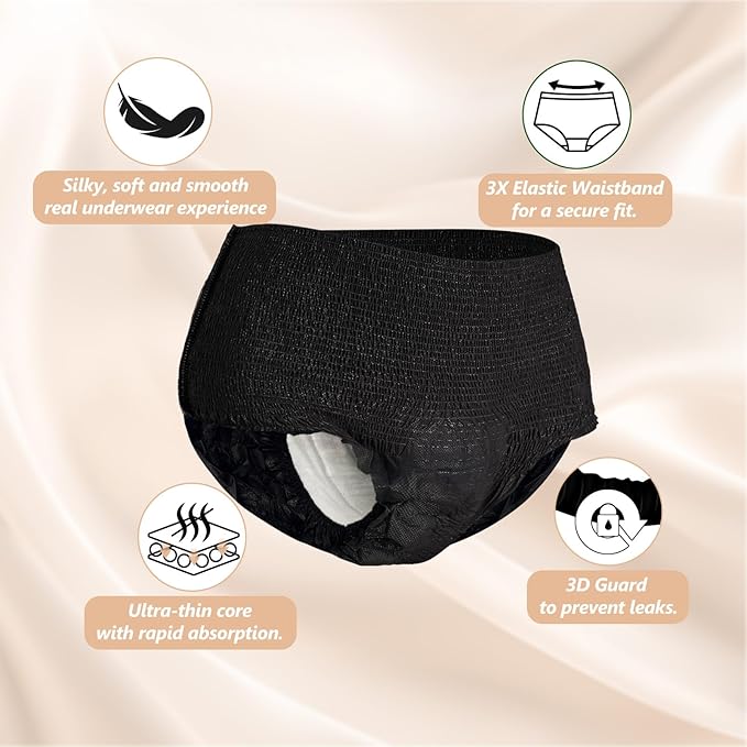 MOLLIS Disposable Period Underwear for Women, Postpartum Panties, Maternity Knickers Heavy Flow Leak Proof, Unscented, Black, Large/X-Large, 16 Count