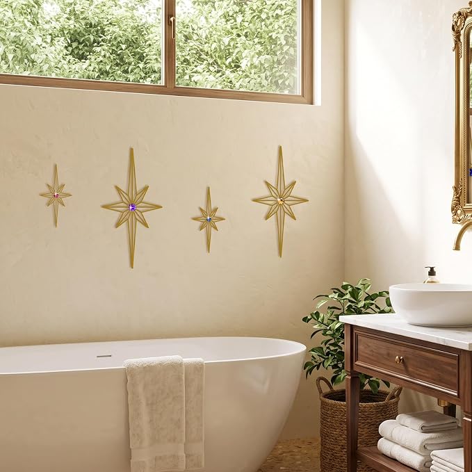 sxnzequnze 4 Pcs Star Wall Art for Home Decor Living Room Bedroom Office Metal 3D,Bling,with Hanging Hook Starburst Midcentury Sculpture Retro Gallery Accent Celestial -Gold 16.5in/9.4in