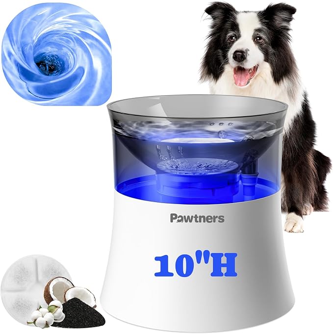Pawtners 1 Gal/3.5L Dog Water Fountain,Elevated Dog Water Bowl Dispenser | Vortex Flow filter,Automatic Pet Water Fountain for Large Dogs Inside, Deep Drinking Area and Quiet Pump, 10" H