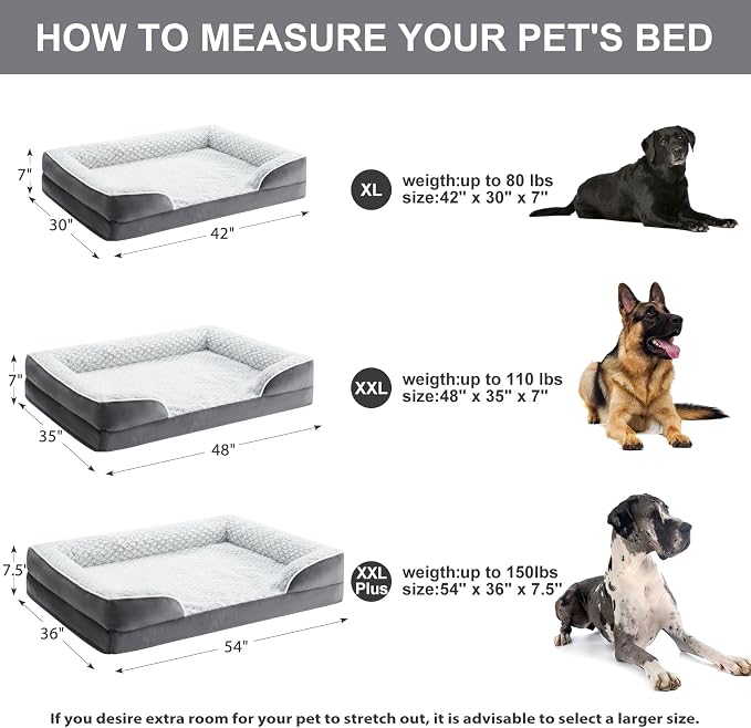 LEXTRO Orthopedic XXL Dog Bed, Washable Dog Beds for Extra Large Dogs | Comfy Sleeping Dog Bed with Egg Crate Foam, Dog Sofa with Removable Cover, Waterproof Lining&Non-Slip Bottom, Gray