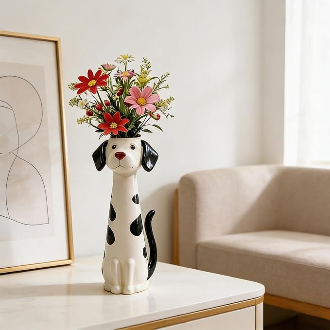 Quirky Dog Vase, Whimsical Boho Dog Flower Vase, Handcrafted Resin Decorative Dog Vases for Small Flowers, Funny Animal Resin Vases, Cute Puppy Planter for Desk Shelf, Boho Home Office Decor