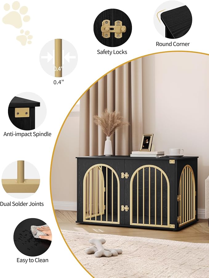 Hzuaneri 39.4'' Dog Crate Furniture,Dog Kennel Indoor for Medium/Large Dogs | Dog Kennel Furniture Wooden Dog Cage Heavy Duty Dog Crate Decorative Pet House End Side Table TV Stand,Black Gold DFC84104A