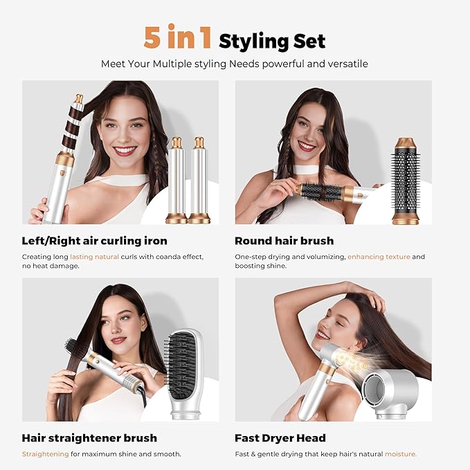 5 in ONE Hair Dryer Brush, Blow Dryer Curling Wand Hair Styling Tools Set, Ionic Hot Air Massage Oval Blowout, Left&Right Styler 100-120V