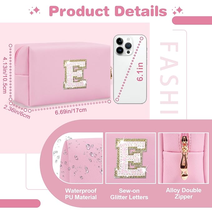 Small Personalized Initial A-Z Patch Makeup Bag,Pink Cute PU Leather Glitter Letter Cosmetic Bag for Teen Girls,Travel Toiletry Bag with Zipper,Preppy Monogrammed Birthday Gift for Daughter Niece E
