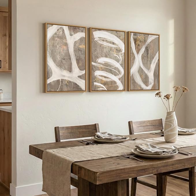 Framed Neutral Abstract Wall Art for Bedroom, 3 Piece Modern Canvas Prints Paintings Artwork for Walls, Minimalist Beige White Taupe Pictures for Living Room Dining Hallway Office Wall Decor 16x24 In