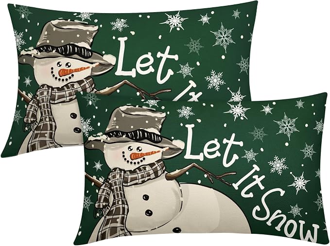 Christmas Green Lumbar Pillow Covers 12X20 Inch Set of 2 Xmas Snowman Snowflake Decorative Pillow Cases Winter Holiday Cotton Linen Cushion Case Modern Home Decor for Sofa Couch Bedroom