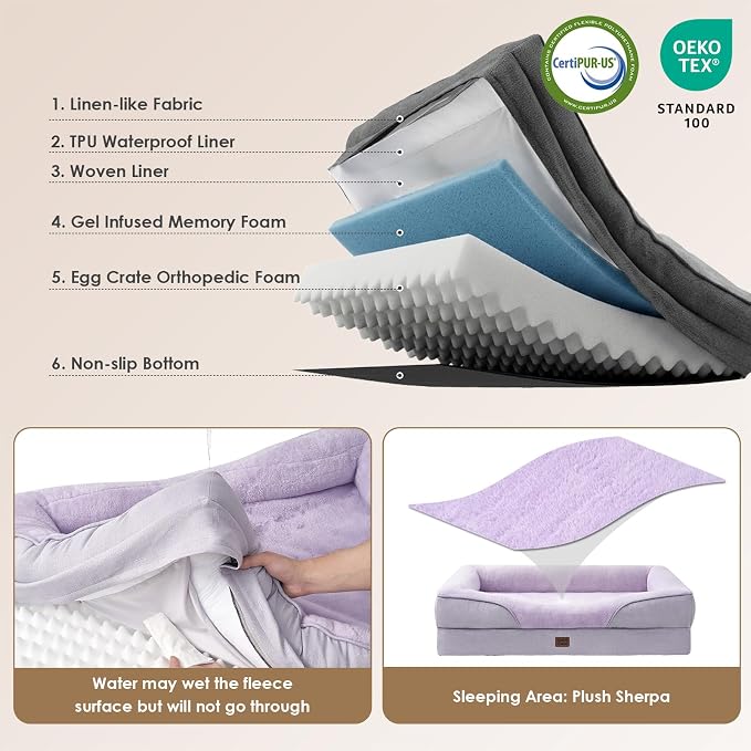 EHEYCIGA Orthopedic XXL Dog Bed for Large Dog, Memory Foam Dog Couch,Purple | 52x41 Inch Extra Large Sized Dog Sofa with Sides, Waterproof Liner & Washable Removable Cover, Bolster Pet Couch