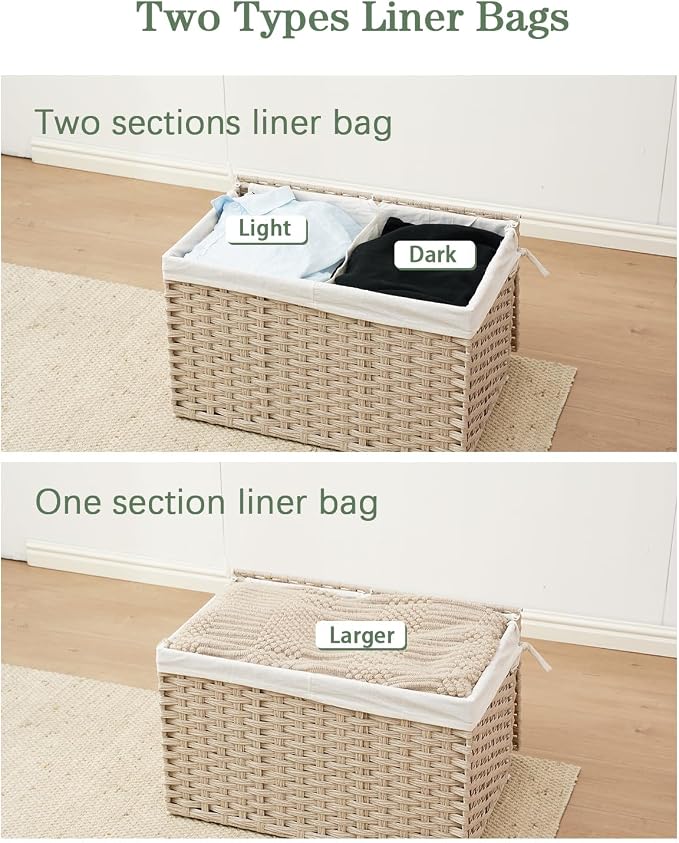 SETVSON Storage Basket with Lid 105L PE Rattan Storage Bin Light Khaki | 2 Removable Liners for Clothes & Blankets, 105L Storage Bin with 2 Separate Lids,Sturdy Metal Frame, PE Rattan