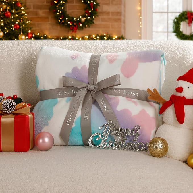 Cozy Bliss Cow Print Fuzzy Throw Blanket for Couch - Thick Soft Warm Non Shedding Fleece Blankets for Western Décor Room, for Kids, Women Men Girls, Rainbow 50"*60"