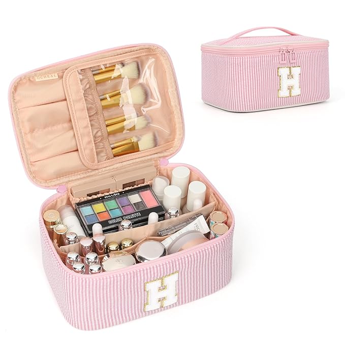 OCHEAL Makeup Bag Valentines Day Gifts for Women, Monogram Cosmetic Bag Pink Travel Makeup Case Beauty Toiletry Bag Organizer Personalized Gifts for Girls Bridesmaid, Sister, Wife, Friends Initial H