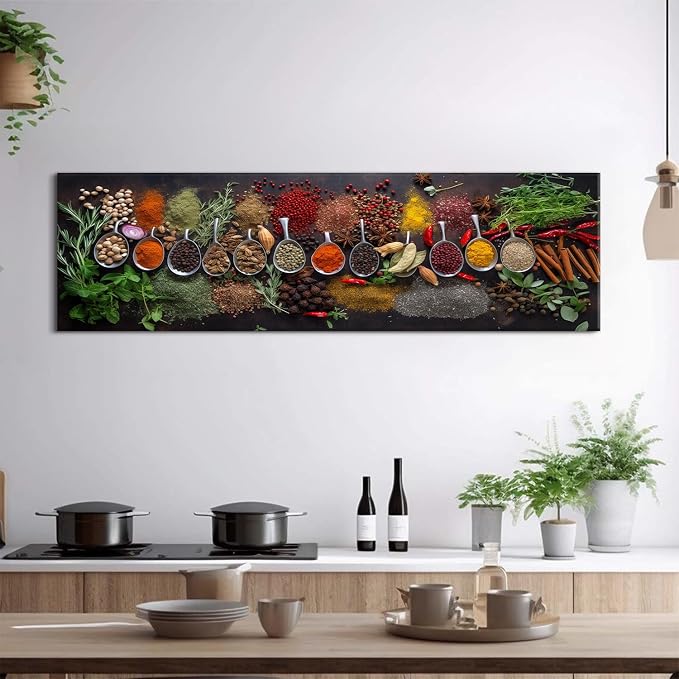 Large Colorful Kitchen Wall Art Spices Herb Food Picture for Dining Room Wall Decor Vintage Seasoning Herb Spoon Canvas Prints Poster Modern Family Bar Painting Artwork Home Decorations 14x48”