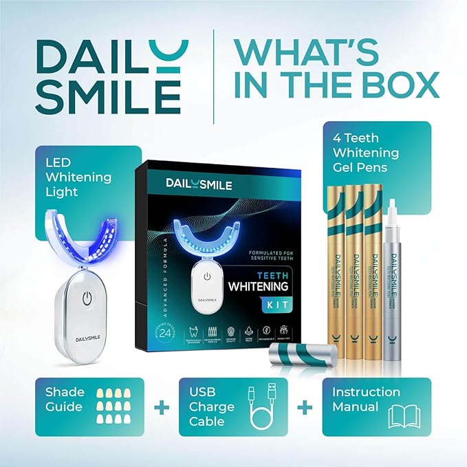 Dailysmile Teeth Whitening Kit with LED - Formulated for Sensitive Teeth, Hands-Free, Waterproof LED Light and 4 Gel Pens, Instant Results