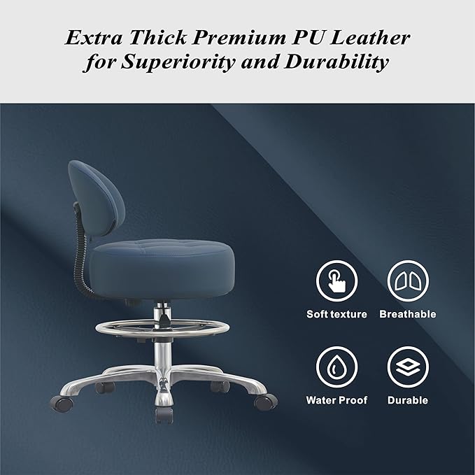Adjustable Rolling Shop Stool with Back Support - Heavy Duty Kitchen Stool with Wheels for Salon, Spa, Massage, Tattoo, Esthetician - Extra Thick for Comfort