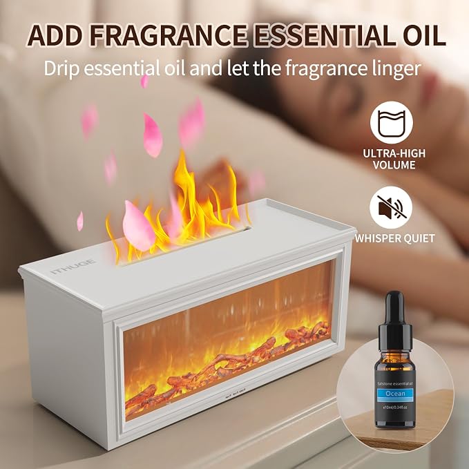 Fireplace Flame Essential Oil Diffuser, 280ml Aromatherapy Humidifier with Remote Control, 7 Color LED Lights, Ultrasonic Aroma Diffuser for Home Bedroom Office Yoga Spa, White