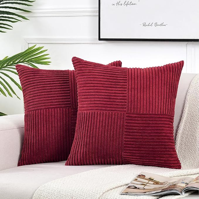 Fancy Homi Burgundy Decorative Throw Pillow Covers 22x22 Inch for Living Room Couch Bed Sofa, Rustic Farmhouse Boho Home Decor, Soft Corss Corduroy Patchwork Accent Cushion Case 55x55 cm