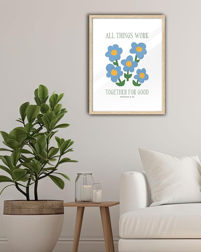 EcoHest 12x16 in Romans 8:28 All Things Work Blue Floral Christian Wall Art | Natural Oak Wood Frame with Canvas Wall Art, Scripture Bible Verse Decor for Bedroom, Living Room, Office, Church, 1Pack