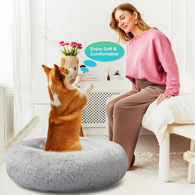 SAVFOX 36 inches Calming Donut Dog Bed - 3X Durable Plush Faux Fur, Machine Washable & Non-Slip, Fits up to 100 lbs, Light Grey