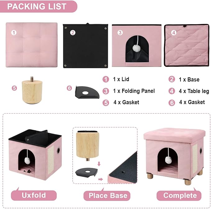 BRIAN & DANY Cat House for Indoor Cats,Cat Bed Cave for Kitten with Scratch Board & Ball,14.5X 12.5X 14.1 inches, Pink