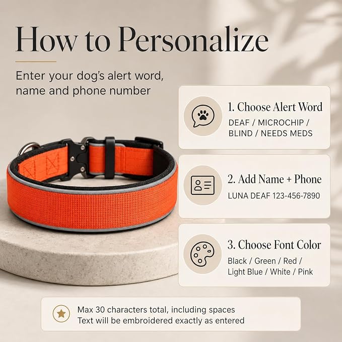 Custom Embroidered Dog Collar with Name and Phone Number, Personalized Safety Alert Collar for Deaf, Microchipped, Senior & Rescue Dogs, Reflective Nylon Collar with Metal Buckle