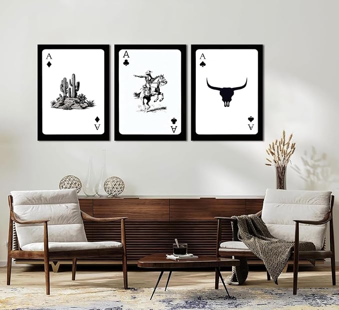 Western Cowboy Wall Art Set of 3 Southwestern Cowboy Print Playing Card Canvas Wall Decor Longhorn Bull Skull Poster Picture Prints Painting for Bedroom Living Room 12x16 In Framed