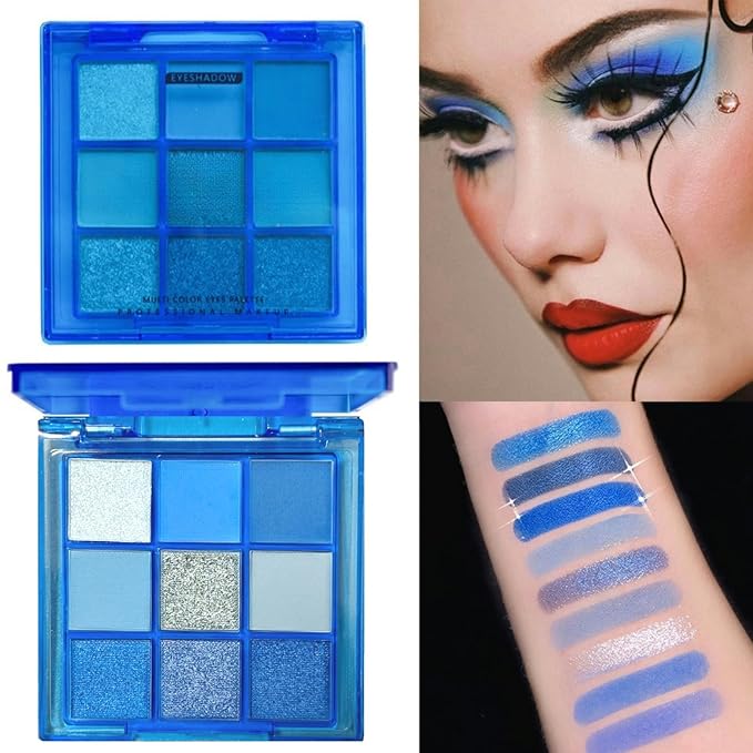9 Colors Blue Eyeshadow Palette, Glitter Shimmer Matte Neutral Shades, High Pigmented Waterproof Grey Light Blue Eyeshadow, Shimmer Bright Sombras De Ojos for Daily and Party Makeup