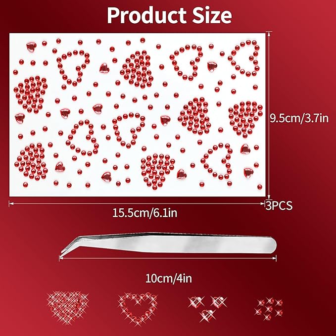 3Sheets Heart Gem Stickers Jewels for Crafts, Face Makeup - Self Adhesive Rhinestone Jewel Stickers, Stick on Gems Rhinestones for Crafts, Craft Supplies for Kids (07.red Heart)