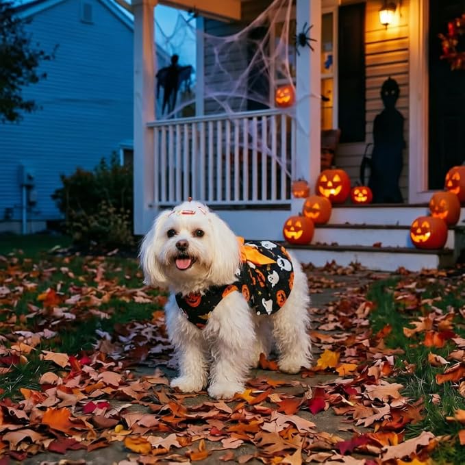 PUPTECK Print Dog Halloween Dress Pet Costumes Apparel with Cute Bowtie Puppy Clothes Outfit, Ghost, M