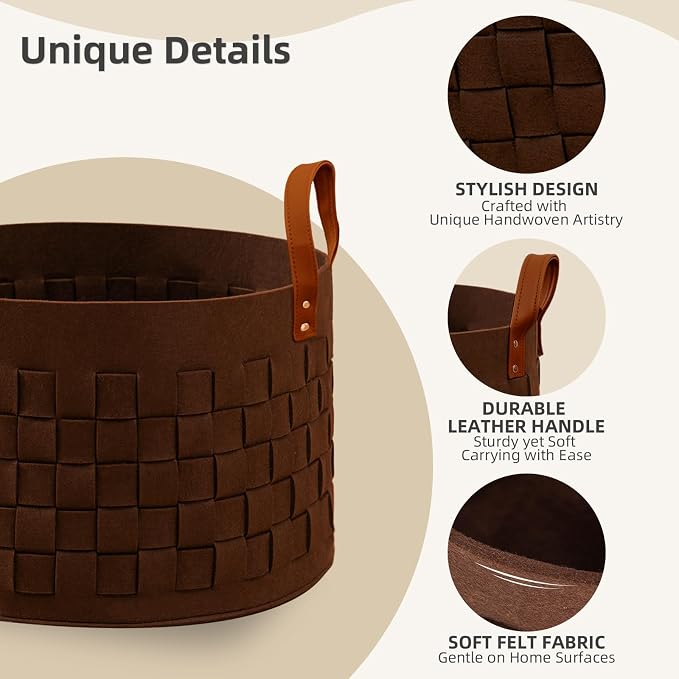 Laundry Basket 20" x20 " x11.8 ", Large Felt Fabric Blanket Basket with Leather Handle, Dirt Clothes Laundry Hamper Round for Babies, Dogs and Living Room-Brown