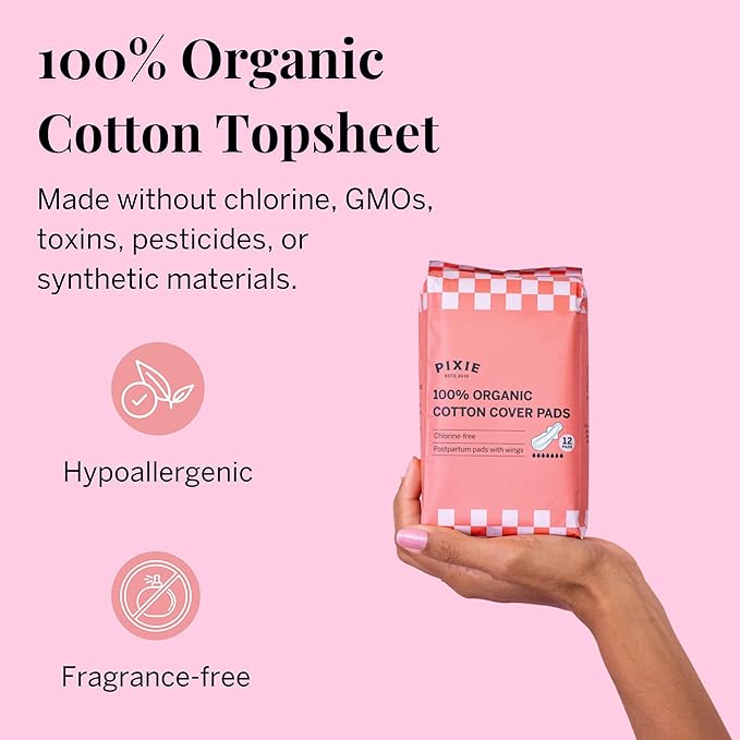 Pixie Cup Organic Cotton Ultra Thin Postpartum Pads for Women - Extra Heavy Absorbency with Wings - Leak-Proof, Hypoallergenic & Unscented for Feminine Care - Compostable, Biodegradable - 24 Count