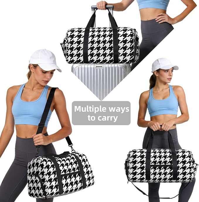 Fiokroo Sports Gym Bag Black And White Houndstooth Travel Duffel Bag For Men Women With Shoe Compartment Water Resistant Gym Bag Carry On Duffel Bag For Weekend Traveling Yoga Gym Sports