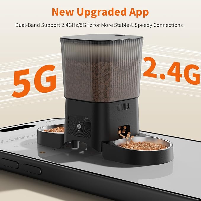 HoneyGuaridan Automatic Cat Feeder for 2 Cats,2.4G/5G WiFi APP Control | Dual Cat Food Dispenser for Multiple Cats,2 Stainless Steel Bowls & 2 Slow Feeder Anti-Choking Bowls, Dual Power