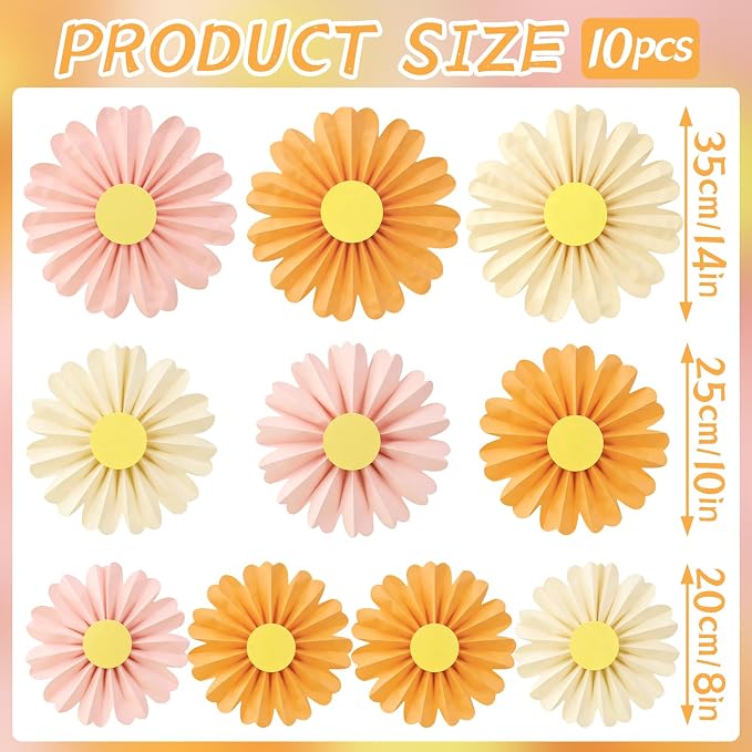 SUNBEAUTY 10 Pcs Daisy Paper Flowers Decorations Pink and Orange Flower Party Decorations Paper Fans Decor Hanging Paper Fans for Birthday Wedding Baby Shower Spring Garden Party Bulletin Board