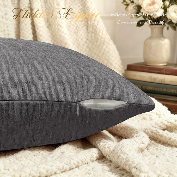 BRAWARM Throw Pillow Covers 16x16 Inches - Gray Chenille Pillow Covers Pack of 2, Solid Dyed Soft Chenille Pillow Cases for Couch Sofa Bed Home Decoration
