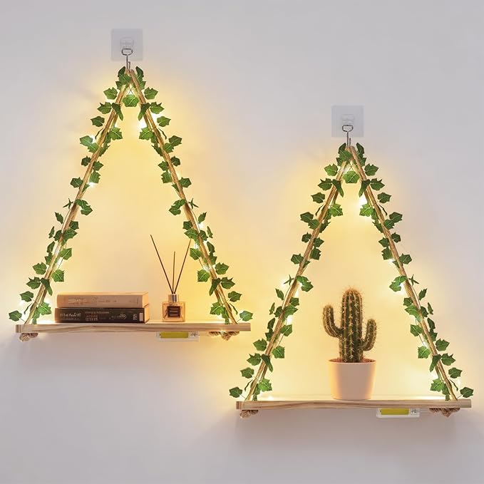 RICHER HOUSE Hanging Floating Shelves No Drill, Macrame Plant Wall Shelf | 2 Set Boho Trinket Shelf with Artificial Ivy and LED Lights, Wall Art Aesthetic Decor, for Bedroom, Dorm, Two-Way Install