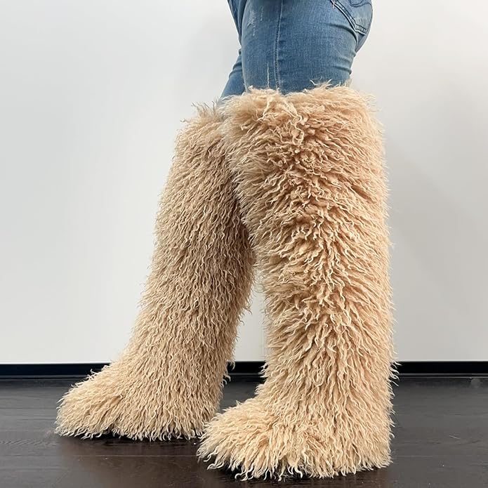 SWEETHEART BEAUTY Thigh High Shagy Teddy Fur Boots, 29 Inch Over the Knee Length Fluffy High Boots, Tall Furry Shoes For Women