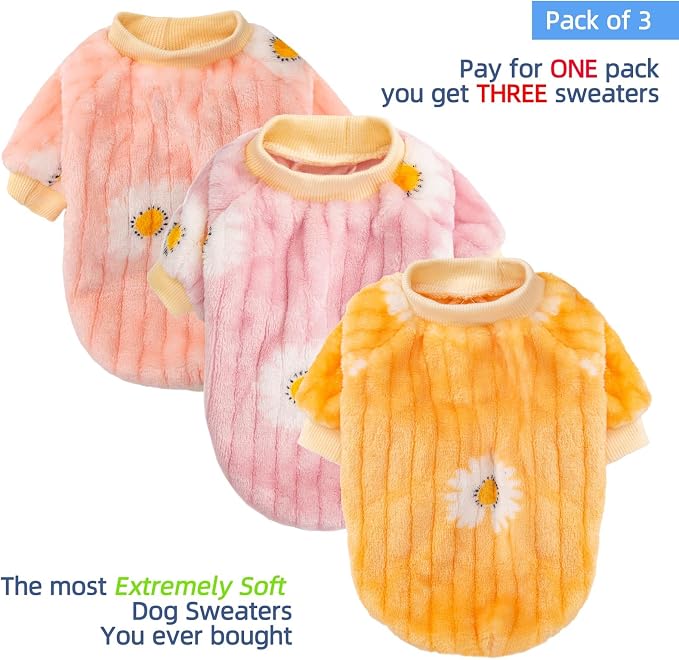 FabriCastle Small Dog Sweaters, 3-Pack Dog Clothes, Soft and Warm Pet Jackets for Small Dogs Girl & Cats, Winter Pet Apparel Costumes, Female Puppy Outfits for Christmas (Pink,Violet,Yellow, X-Large)