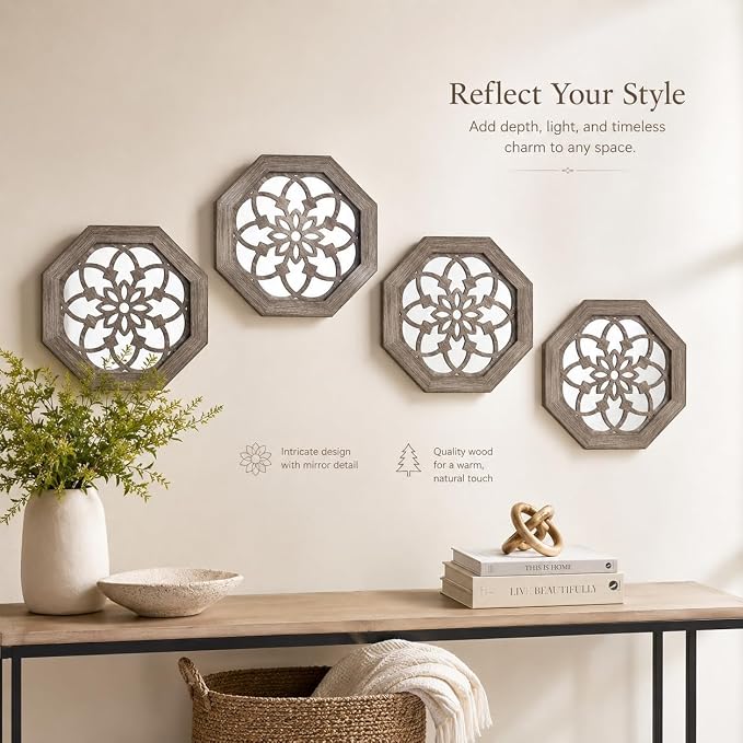 4 Pack 12 Inch Octagon Brown Rustic Wood Frame Acrylic Wall Mirrors, Farmhouse Boho Wall Art Decor for Living Room, Bedroom, Hallway, Entryway, Bathroom & Office
