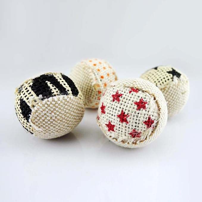 TTcat Canvas Burlap Cat Toy Balls, 4 Pack Natural Woven Linen Cat Play Balls, Durable Textured Kitten Chew Chase Toys, Lightweight Interactive Cat Ball Toys for Indoor Kittens & Cats.