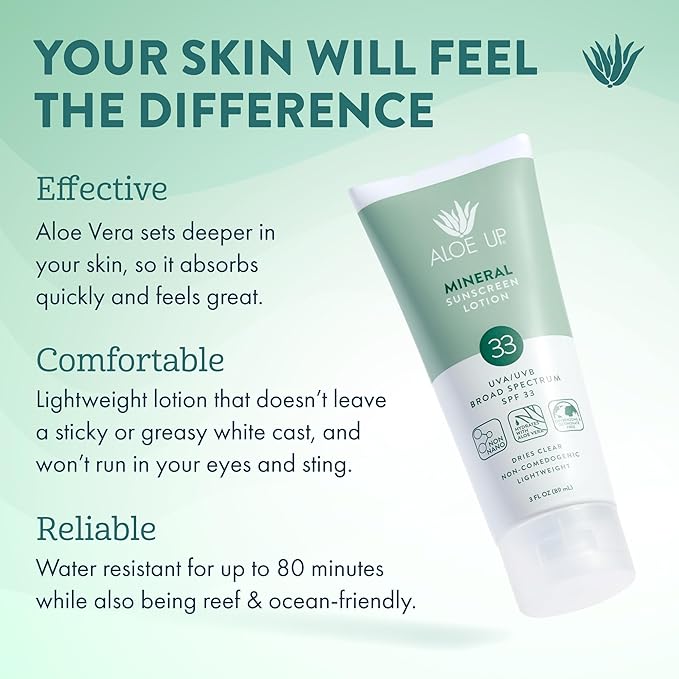Aloe Up Mineral Sunscreen Lotion SPF 33 Broad Spectrum UVA/UVB Sunscreen Protector for Face and Body-With Gen2 Zinc Oxide and Aloe Vera Gel Dries Clear Reef Safe Coco-Mango Fragrance - 3 Oz