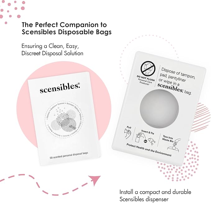 Scensibles Bathroom Dispenser for Menstrual Care Disposal - Bag Dispenser and Refill Boxes - for Tampons, Pads, Other Disposable Hygiene Products (Satin Chrome)