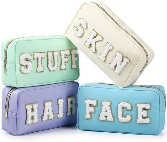 Preppy Makeup Bags Chenille Letter Stuff Bag Nylon Cosmetic Pouch Cases with Zipper for Women Travel Toiletry(Soft Pastel,Classic,4 Pcs)