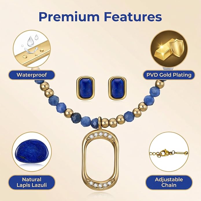 14K Gold Plated Natural Lapis Lazuli Necklace & Earrings Set, Waterproof PVD Stainless Steel Healing Crystal Gemstone Dainty Beaded Chain, Non Tarnish Spiritual Jewelry Gift for Women