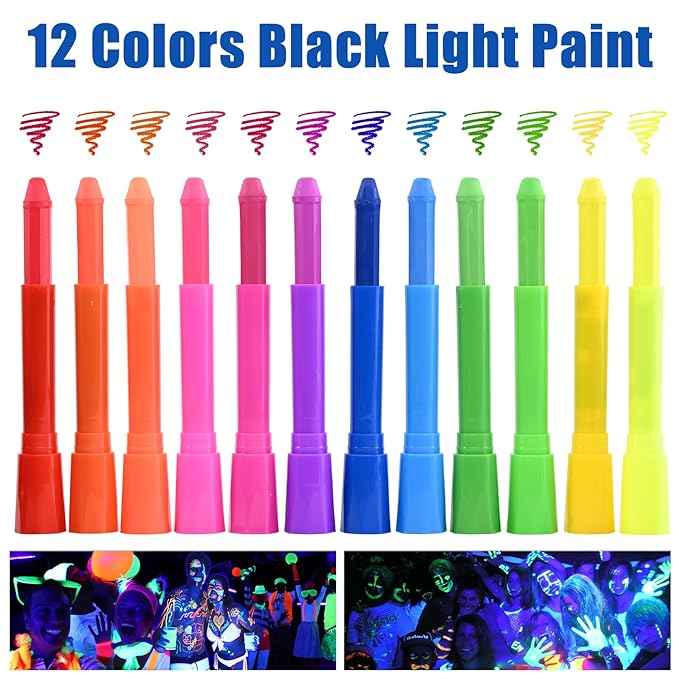 Glow in the UV Light Paint, Non-Toxic Neon Face Paint, Washable & Compact Glow Face Paint for Halloween, Cosplay, Party 12 PCS