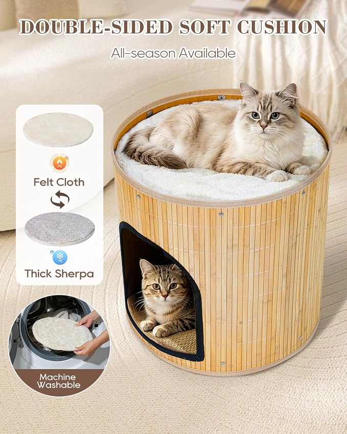 SYANDLVY Large Cat House, Kitten Condo with Bed for Indoor Cats, Portable ﻿ | 2-Tier Foldable Natural Bamboo Cave with Double-Sided Cushion, 15.5"x15.7" Washable Kitten Hideout
